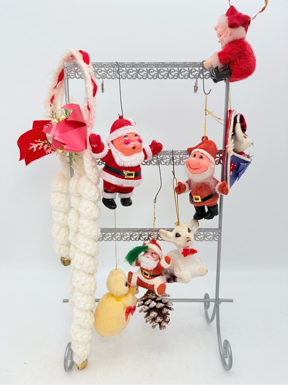 Mismatched vintage Christmas tree ornaments - Santa - deer - mouse - wreath
